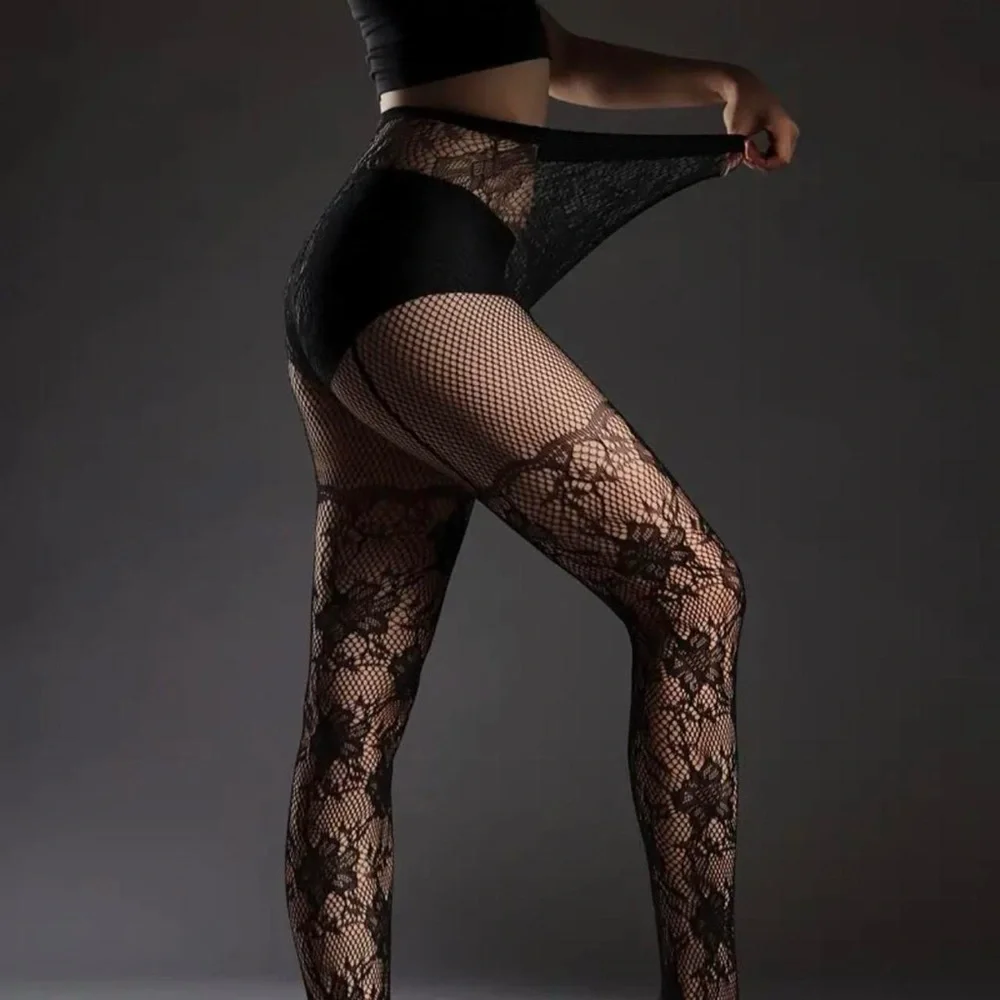 Black Floral Lace‎ Fishnet Tights, Hot Elastic High Waist Pantyhose One Size